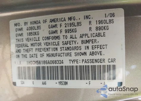 2006 Honda Accord 2.4 Vp из США, поврежденный, VIN 1HGCM56186A068324